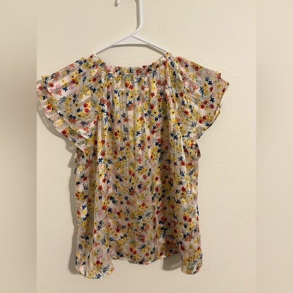 Banana Republic White Floral Ruffle Blouse with Yellow & Blue Blooms - Picture 2 of 5